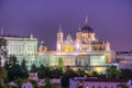 Sunset view of skyline of Madrid with Santa Maria la Real de La Almudena Cathedral and the Royal Palace, Spain Royalty Free Stock Photo