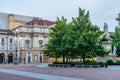 Sunset view of statue of Leonardo da Vinci in Milano, Italy Royalty Free Stock Photo