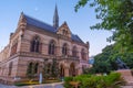 Sunset view of statue of Sir Walter Hughes in front of the University of Adelaide in Australia