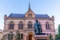 Sunset view of statue of Sir Walter Hughes in front of the University of Adelaide in Australia