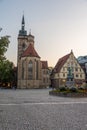 Sunset view of Stiftskirche at Schillerplatz square in Stuttgart, Germany Royalty Free Stock Photo