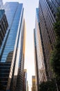 Sunset view of street lined up with modern high-rise building, with sunlight reflected on the glass facades; South of Market Royalty Free Stock Photo