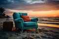 Sunset view with a stylish blue lounge chair in hd, summer season nature image