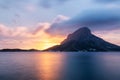 Sunset view of the Telendos island, from Myrties village in Kalymnos island, Greece. Royalty Free Stock Photo