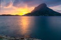 Sunset view of the Telendos island, from Myrties village in Kalymnos island, Greece. Royalty Free Stock Photo