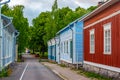 Sunset view of timber buildings at Vanha Rauma district of Rauma Royalty Free Stock Photo