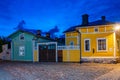 Sunset view of timber buildings at Vanha Rauma district of Rauma Royalty Free Stock Photo