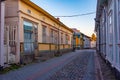 Sunset view of timber buildings at Vanha Rauma district of Rauma Royalty Free Stock Photo