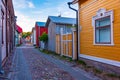 Sunset view of timber buildings at Vanha Rauma district of Rauma Royalty Free Stock Photo