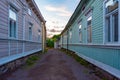 Sunset view of timber buildings at Vanha Rauma district of Rauma Royalty Free Stock Photo
