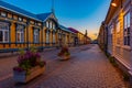 Sunset view of timber buildings at Vanha Rauma district of Rauma Royalty Free Stock Photo