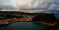 Sunset view to Horta, Porto Pim Bay and beach from mount Guia, Faial island, Azores, Portugal Royalty Free Stock Photo