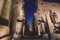 Sunset View to the Illuminated Stone Statues of the large Ancient Egyptian temple in Luxor Royalty Free Stock Photo