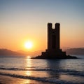 Sunset view to Mabkhara monument, a giant frankincense incense burner located in Al-Riyam Park in Muscat, Oman, with Royalty Free Stock Photo