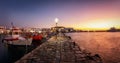 Sunset view to the old harbor of Mykonos island, Cyclades, Greece Royalty Free Stock Photo