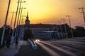 Sunset view to Rzeszow Castle silhouette from Castle bridge over Wislok river. June 2020