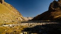 Sunset view to Tash-Rabat river and valley in Naryn province, Kyrgyzstan