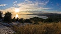 Sunset view at Toroni bay, aerial photo from the top of a hill, Sithonia Royalty Free Stock Photo