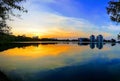 Sunset view .Twin building in the midst of nature place . Sky , tree at Prince of Songkhla University `s reservoir .Hatyai ,south