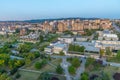 Sunset view of University of Prishtina, National library of Kosovo and unfinished serbian orthodox church of Christ the Saviour in