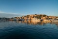 Sunset view of Vrsar in Croatia close to the Adriatic Sea. Viewpoint seen from a boat Royalty Free Stock Photo