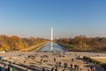 Sunset view of the Washington Monument with golden sunlight and the Lincoln Memorial Reflecting Pool Royalty Free Stock Photo