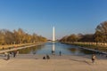 Sunset view of the Washington Monument with golden sunlight and the Lincoln Memorial Reflecting Pool Royalty Free Stock Photo