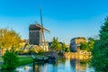 sunset view of windmill de Put in Leiden, Netherlands Royalty Free Stock Photo