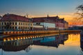 Sunset view of Wroclaw downtown at the Odra riverside with water reflection, Poland