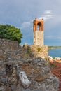 Sunset viewof Clock tower in Nafpaktos town, Greece Royalty Free Stock Photo