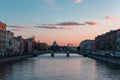 The sunset with views of the Fontanka river and Trinity cathedral, st. Petersburg Royalty Free Stock Photo
