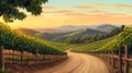 Sunset Vineyard Landscape with Winding Road Royalty Free Stock Photo