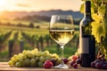 Sunset vineyard scene with white wine, bottle, and grapes. Generative AI