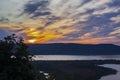 sunset on the Volga river. Natural landscape. reflection, blue sky and yellow sunlight. landscape during sunset