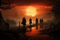 Sunset warriors poise, samurai stands strong, capturing timeless honor against radiant backdrop