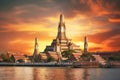 Sunset Wat Arun Ratchawararam Ratchaworamahawihan, Bangkok, Thailand, on the banks of the Chao Phraya River with Ai Generated