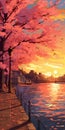 Cherry Blossom Trees In Anime Aesthetic Landscape Painting