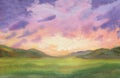 Sunset watercolor landscape purple clouds in the sky background. outdoor evening landscape with green grass and colorful Royalty Free Stock Photo