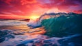 Sunset Wave Breaking Surreal Ocean Beach Sea Landscape Inspirational Nature SunriseAI Generated