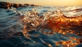 Sunset wave splashing on water surface, reflecting golden twilight beauty generated by AI