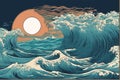 Sunset waves in Japanese ukiyo-e style Royalty Free Stock Photo