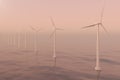 Sunset wind turbines in sea, ocean. Clean energy, wind energy, ecological concept. 3d rendering