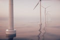 Sunset wind turbines in sea, ocean. Clean energy, wind energy, ecological concept. 3d rendering Royalty Free Stock Photo