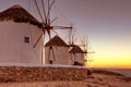 Sunset at the windmills of Mykonos, Greece Royalty Free Stock Photo