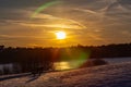 Sunset in winter with beautiful skyline over Ed Zorinsky lake Omaha Nebraska Royalty Free Stock Photo