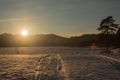 Sunset winter snow nature river horizon landscape. Winter snow forest river sunset view. Sunset winter river snow. Winter sunset Royalty Free Stock Photo