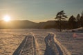 Sunset winter snow nature river horizon landscape. Winter snow forest river sunset view. Sunset winter river snow. Winter sunset Royalty Free Stock Photo