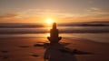 Sunset woman meditating in perfect harmony with her surroundings, Generative AI