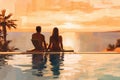 back honeymoon vacation relax sunset travel romantic swimming couple pool. Generative AI.