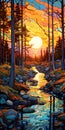 Sunset In The Woods: A Colorful Pixel-art By John Mcfarland